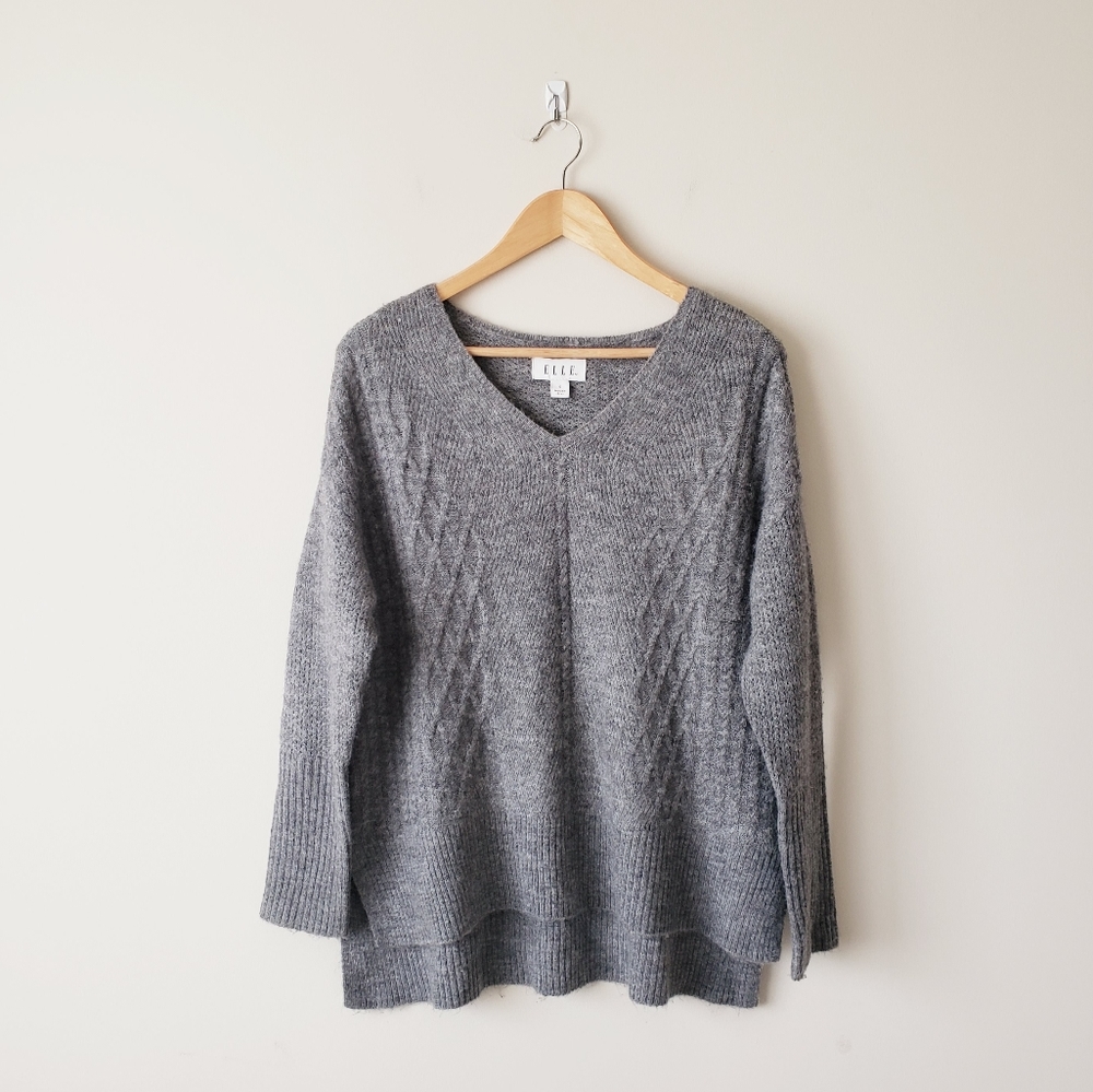 Elle Gray Soft Stretchy Plush V-Neck Sweater